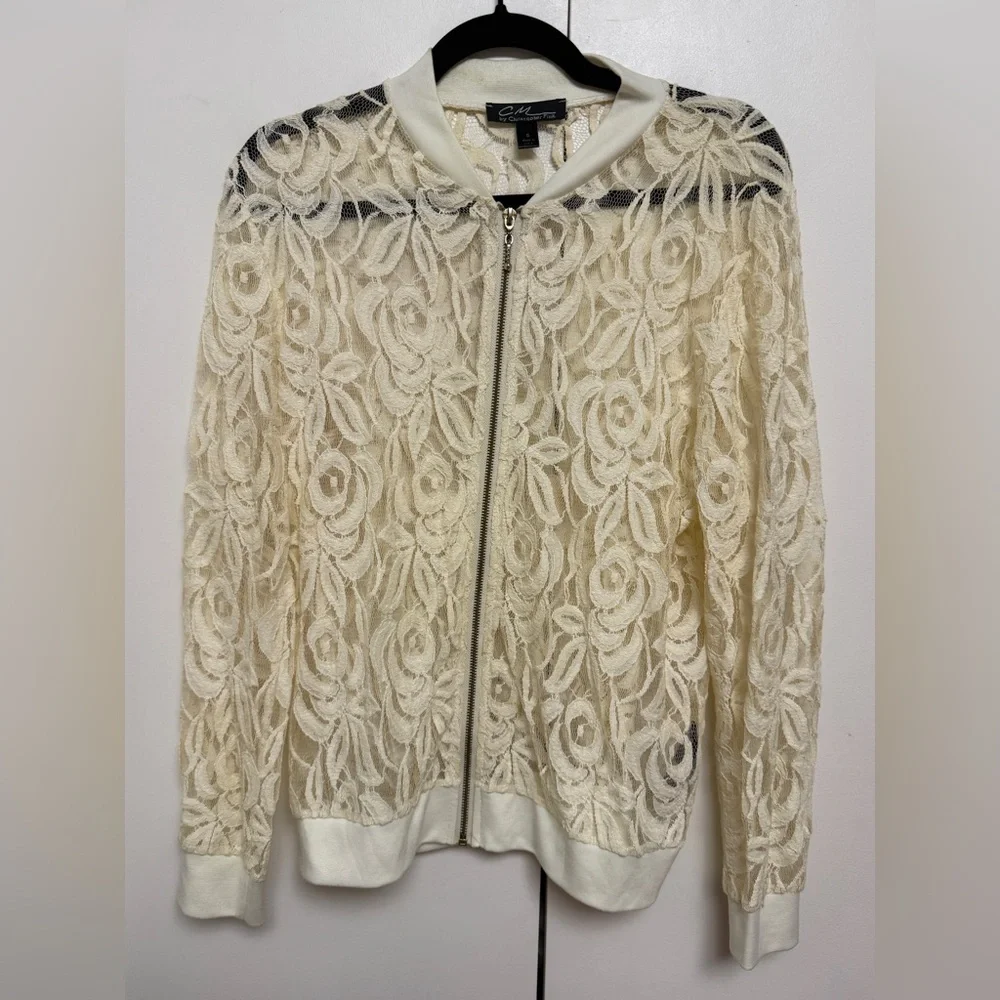 Cream Lace Zip Bomber Jacket by